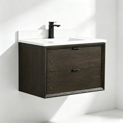 Meuble-lavabo flottant simple en bois de chêne brun foncé 36 po avec plateau en marbre d'ingénierie