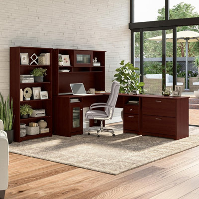 Bureau d'ordinateur en L - Bureau de coin en cerisier avec tiroirs pour espace de travail
