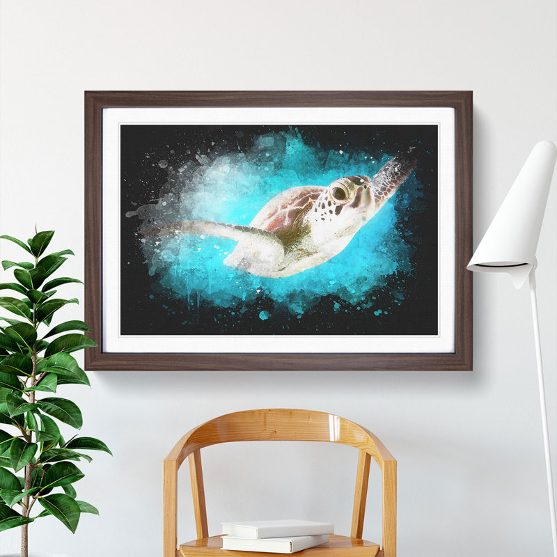 Green Turtle - Picture Frame Graphic Art Print, 24cm H x 33cm W x 2cm D, Walnut Framed