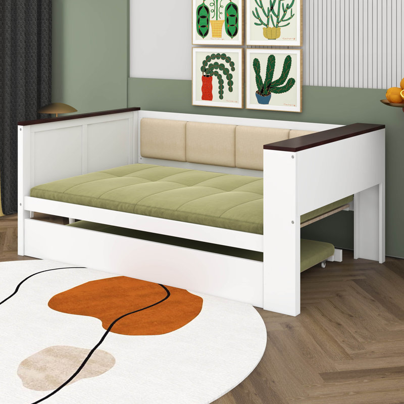 Wood Farmhouse Daybed With Storage Shelves, Day Bed Frame With Upholstered Backrest, USB And Trundle, Twin