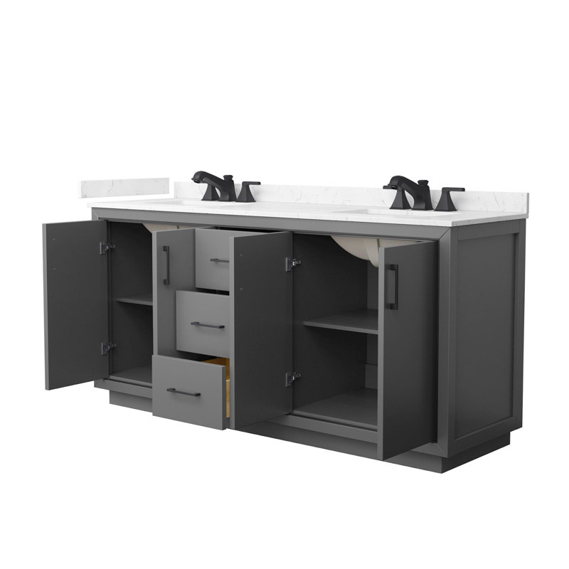 Icon 72" Freestanding Double Bathroom Vanity with Cultured Marble Top, Gray, Matte Black