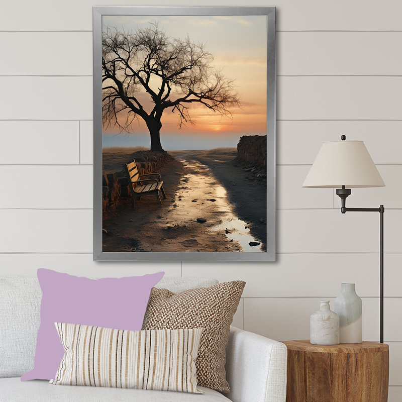 " Sunset Bench Tree Mimalism Landscape ", 32" H x 16" W x 1" D, Silver Picture Frame