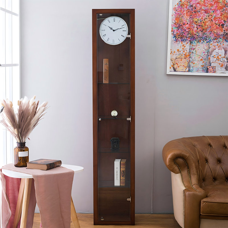 Vintage Brown Ebony Wood Floor Clock with Storage Display Cabinet