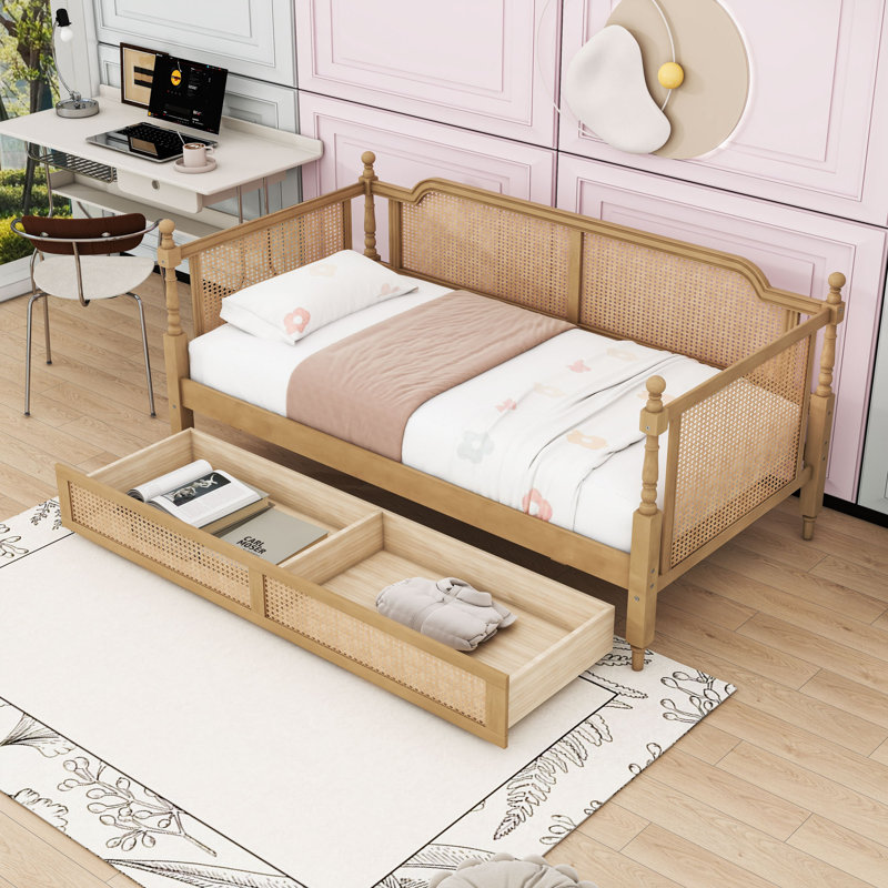  Wooden Daybed with Headboard and Drawer, Twin, Antique Walnut
