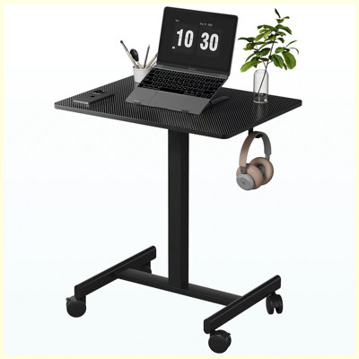 Bureau mobile à hauteur réglable de 26 po x 19 po à colonne centrale avec ressort à gaz | Roulettes verrouillables avec crochet pour casque pour mini poste de travail à domicile