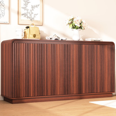 Multi-Functional Walnut 4-Door Fluted Tv Stand With Built-In Power Outlet And 3 Adjustable Storage For Media Dining Room Use Home Entertainment Setup