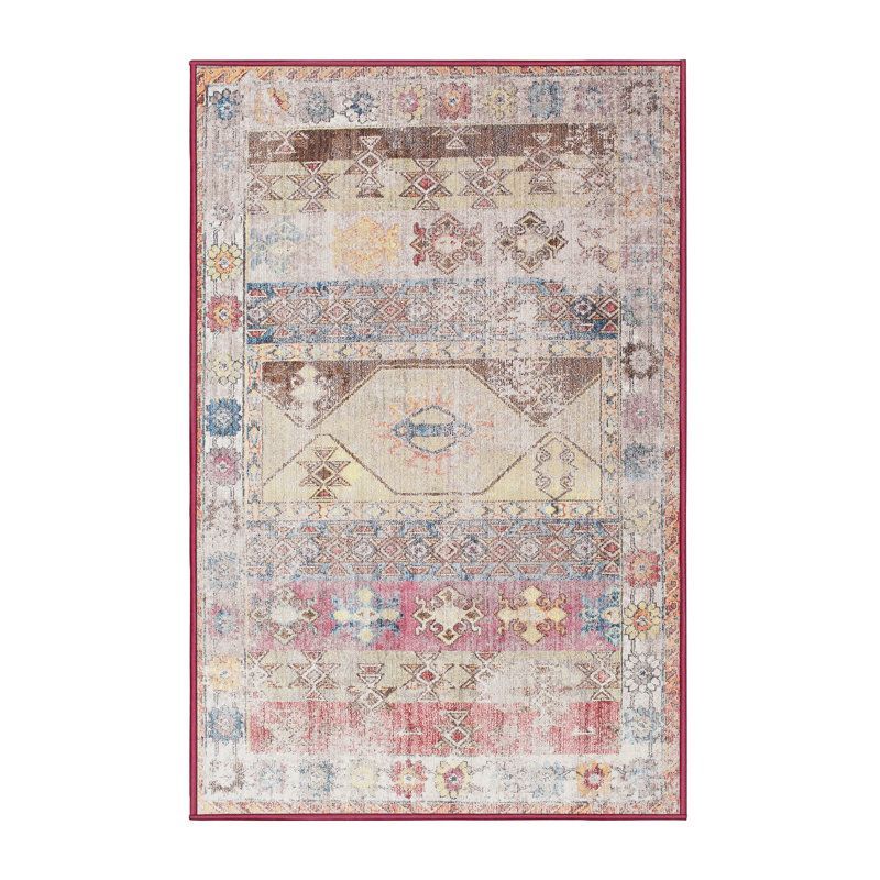 Tapis traditionnel rose / rouge / bleu, Rectangle 3 pi x 5 pi