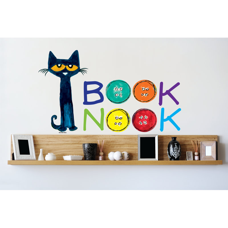 Décalcomanie de coin de livre Pete The Cat - Autocollant mural coin lecture | Adhésifs décoratifs en vinyle Groovy pour bibliothèque, chambre de bébé, salle de classe de maternelle, décoration de chambre d'enfant - citation de chaton multicolore am