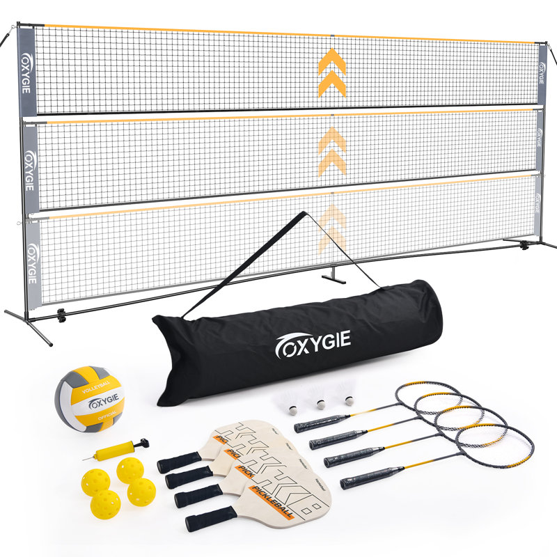3-in-1 Pickleball Badminton Volleyball Net Set, 22FT Portable Adjustable Height with Rackets Balls & Pump