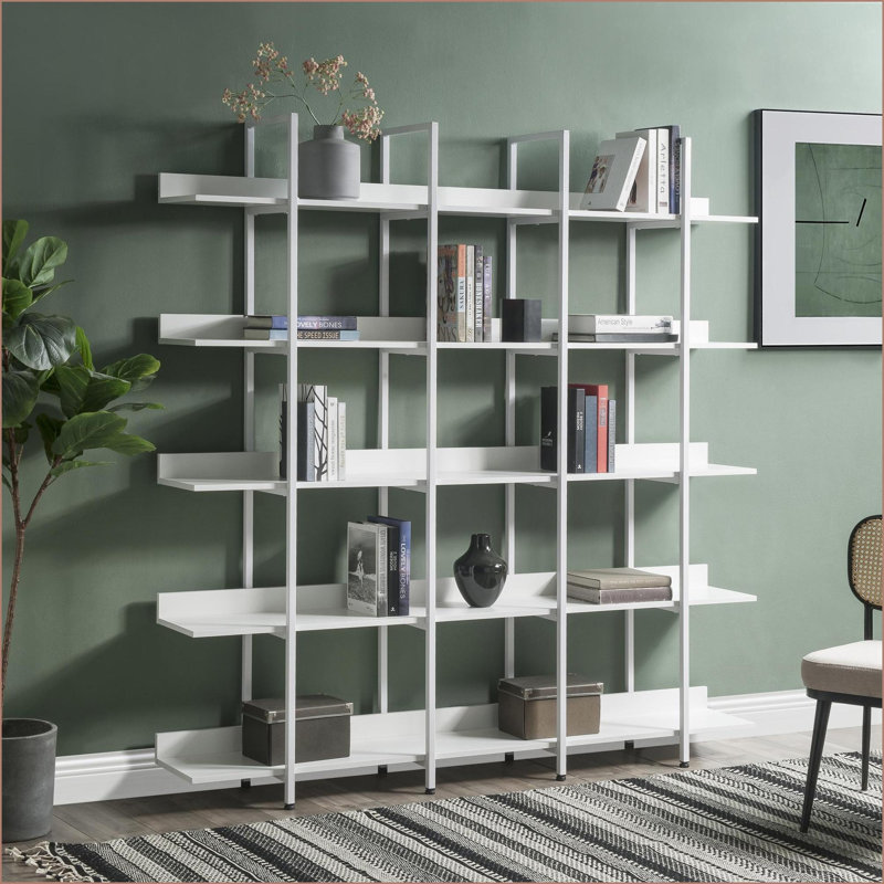 Bibliothèque à 5 niveaux avec tablette ouverte et anti-basculement Acier | Blanc + chêne | Bois aggloméré + acier