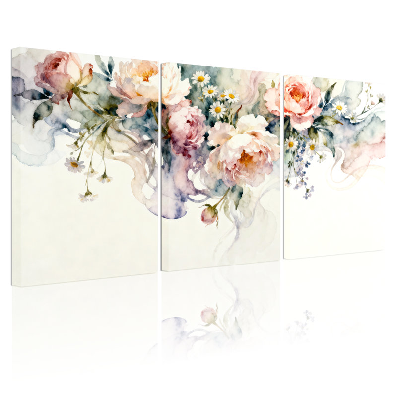 Plantes et fleurs, aquarelle florale, roses et marguerites, ensemble de 3 impressions sur toile