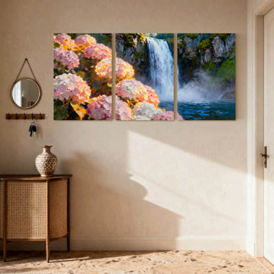 «Hydrangea Floral Waterfall Landscape Reflection», ensemble de 3 impressions sur toile