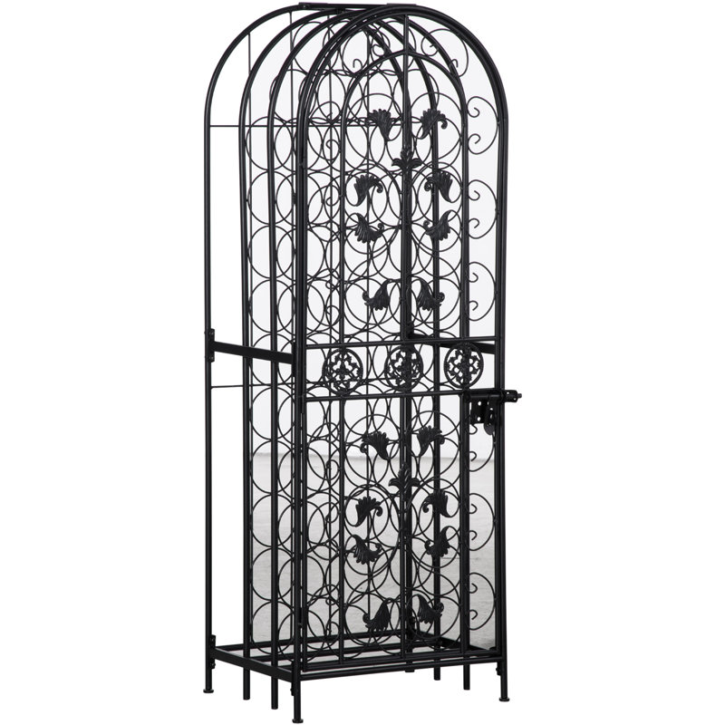 Support à vin, fer, 1 pièce, cage à vin de sol verrouillable, noir, 45 bouteilles avec porte à volutes