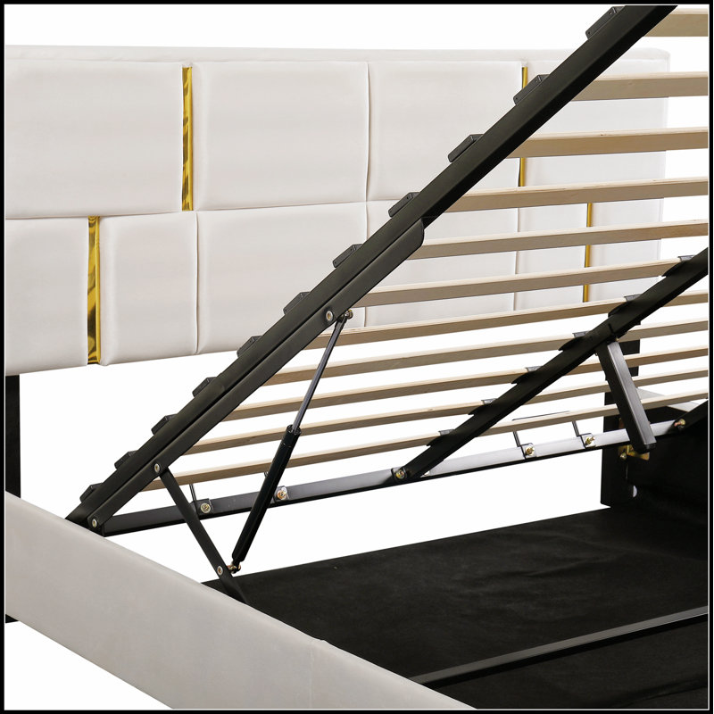 Lit plateforme tapissier avec système de rangement hydraulique, tête de lit en tissu doux et conception intemporelle pour un confort et une polyvalence ultimes
