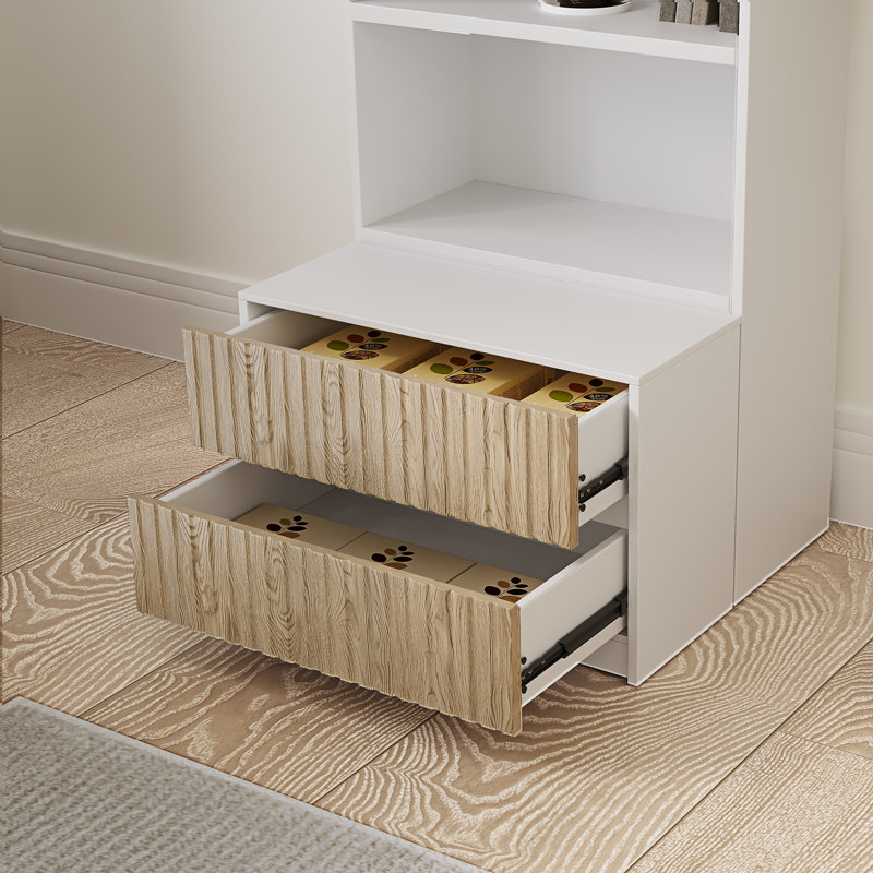 Bibliothèque de 78,7 po de hauteur avec repose-pieds mobile et tiroirs de rangement à tablettes ouvertes, Blanc / chêne