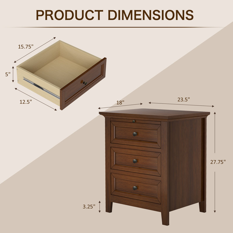 Table de chevet 3 tiroirs en bois massif, table de bout avec tablette coulissante, table d'appoint classique et intemporelle pour la chambre à coucher, le salon ou le bureau personnel