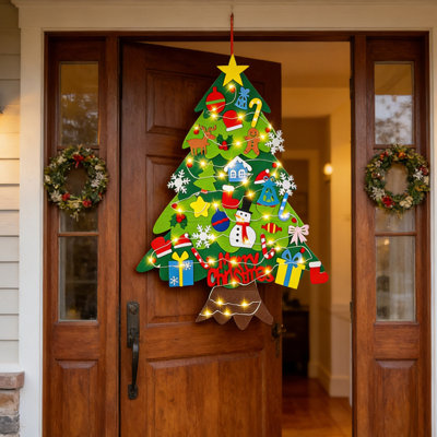 Arbre de Noël en feutre pour tout-petits, arbre de Noël mural avec 32 ornements et guirlandes de lumières, décorations de Noël d'intérieur