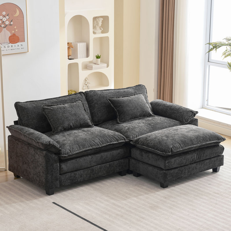 Arale 86'' Wide Comfy Cloud Couch Sectional Loveseat Sofa with Ottoman, Arale Black Chenille