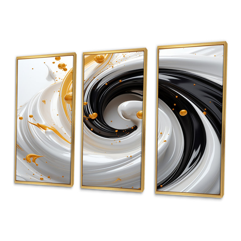 Ensemble de salon tourbillonnant jaune noir et blanc - spirales abstraites, Cadre flottant doré, H 28 po x l 36 po x P 1 po