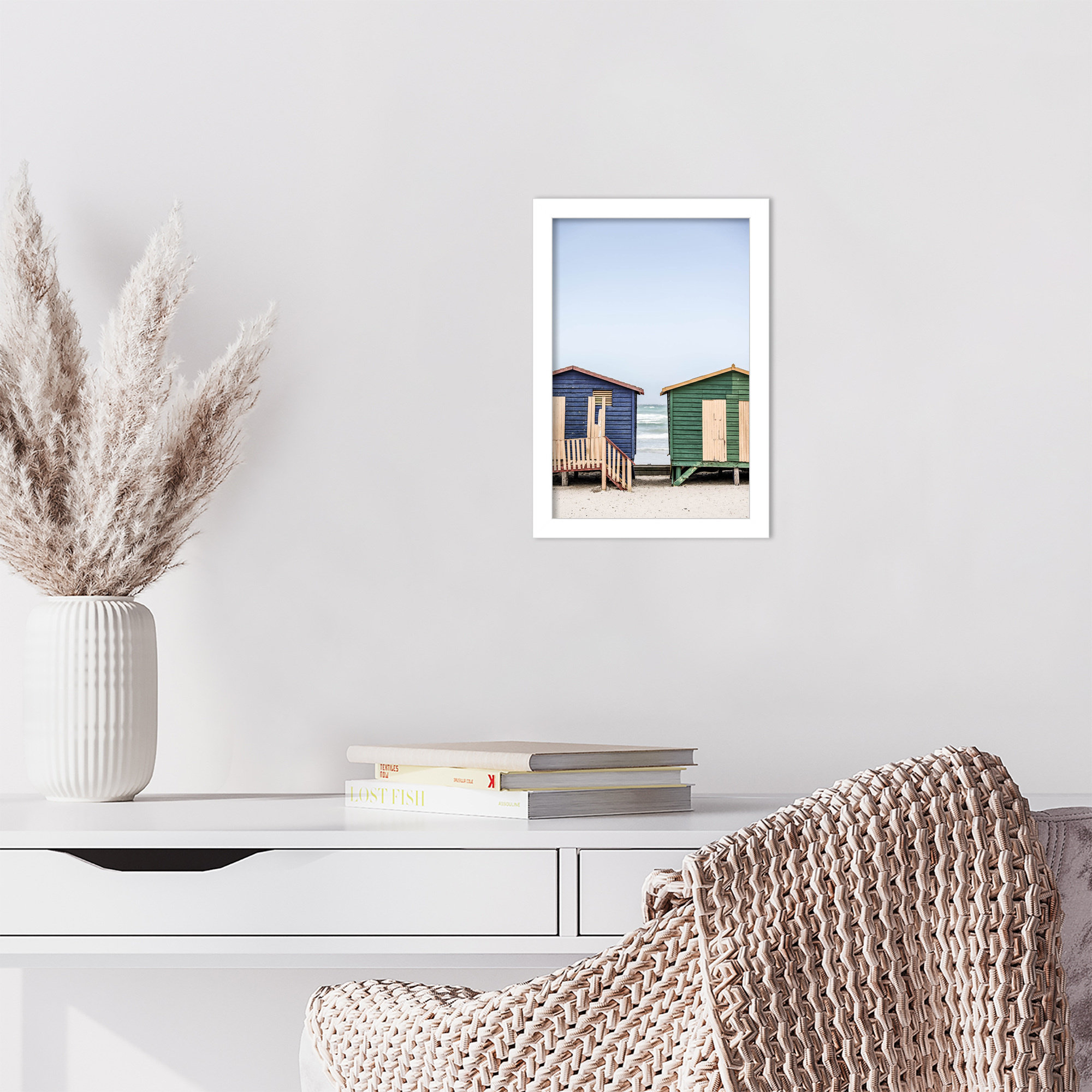 Blue and Green Huts by Shot by Clint Wood Framed Wall Art Print, 13" H x 9" W, White