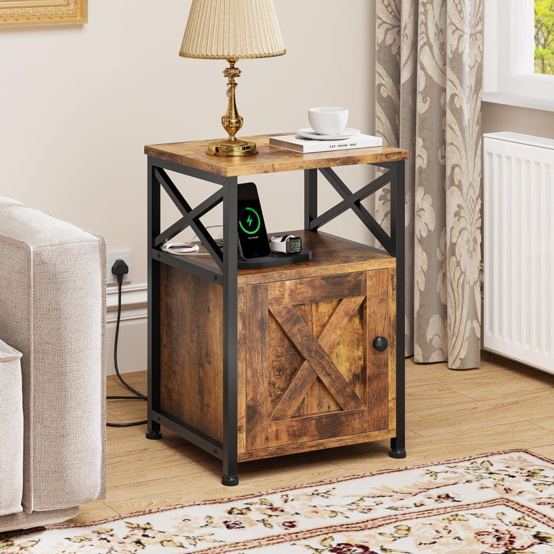 End Table with Built-In Outlets, Rustic Brown