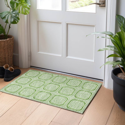 Machine Washable Indoor/Outdoor Christain ACN1454 Green Rug