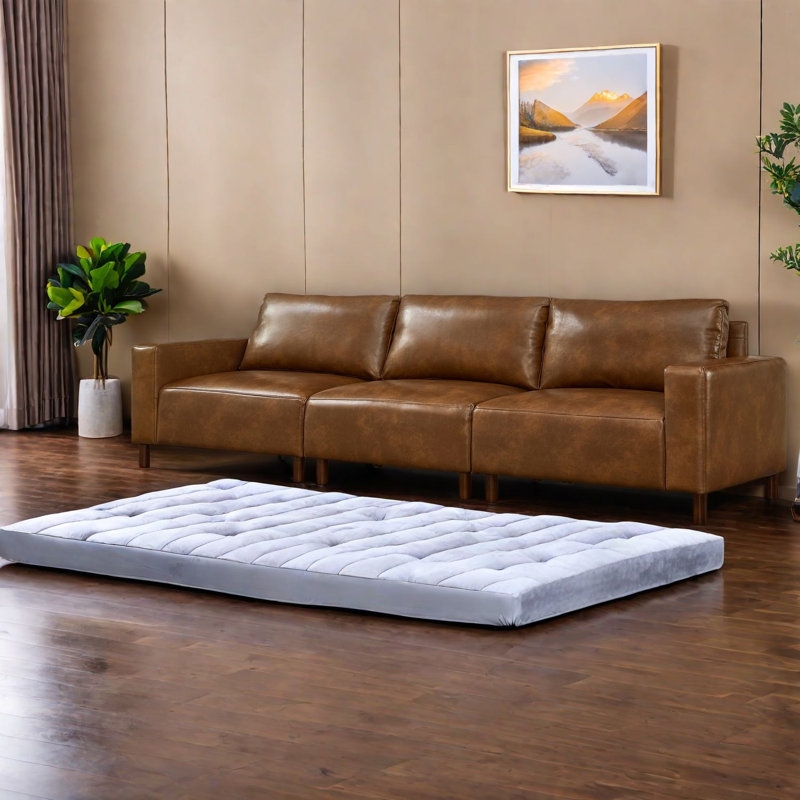 Canapé 3 places de luxe en similicuir brun de 284 cm (112 pouces), pieds en bois, style moderne pour salon
