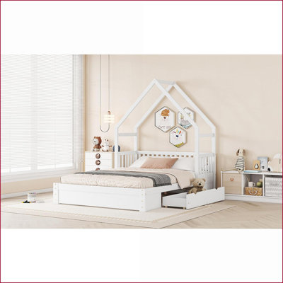 Queen Size Pine Wood Platform Bed with Guardrail &amp; 2 Drawers, White - No Box Spring Needed