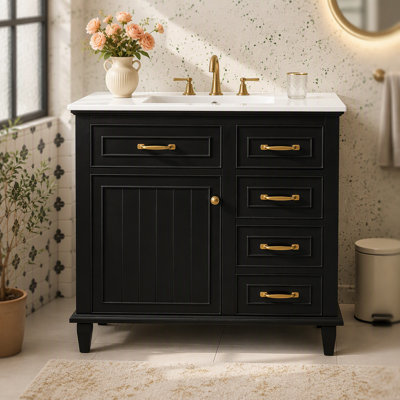 Meuble-lavabo de 36 pouces avec comptoir en céramique, structure en bois massif, armoire en bois aggloméré et peuplier, tiroirs rabattables, tablette réglable et poignées en alliage de zinc, armoire de rangement autoportante (robinet non inclus)