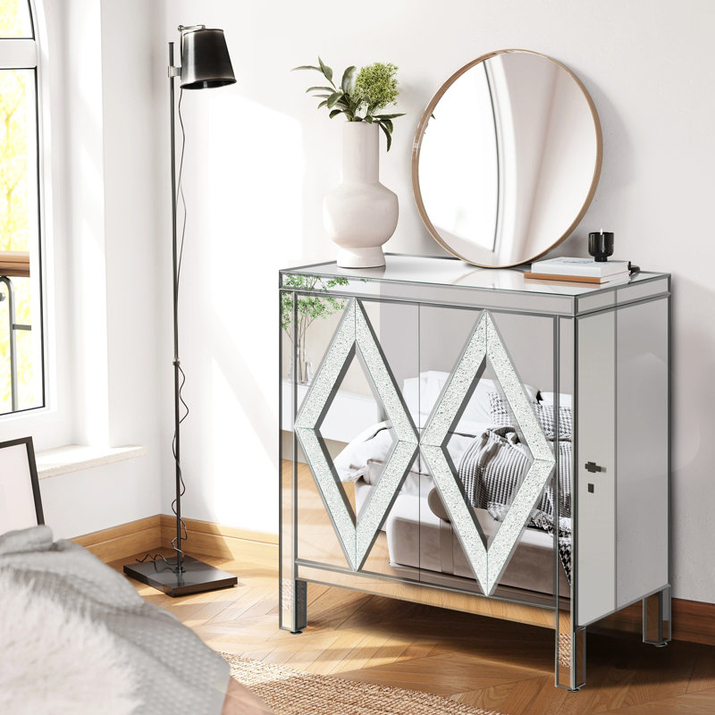 Armoire de rangement avec garniture de miroir et conception en forme de losange, argent pour la vie, salle à manger, entrée, cuisine