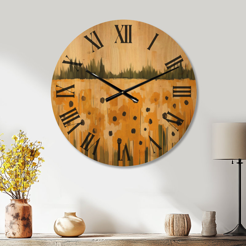 Horloge murale en bois surdimensionnée Golden Daisy Meadow - Chalet, Médium