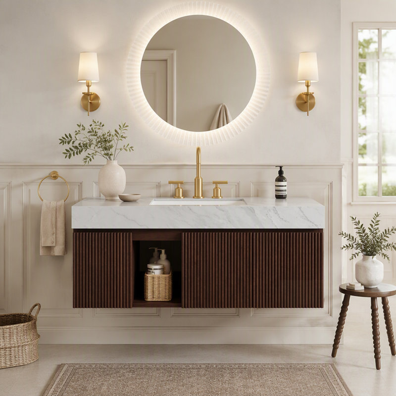 Meuble-lavabo avec lavabo suspendu et rangement intégré, comptoir en pierre frittée veinée gris Carrara, lavabo en céramique, 3 trous pour robinetterie