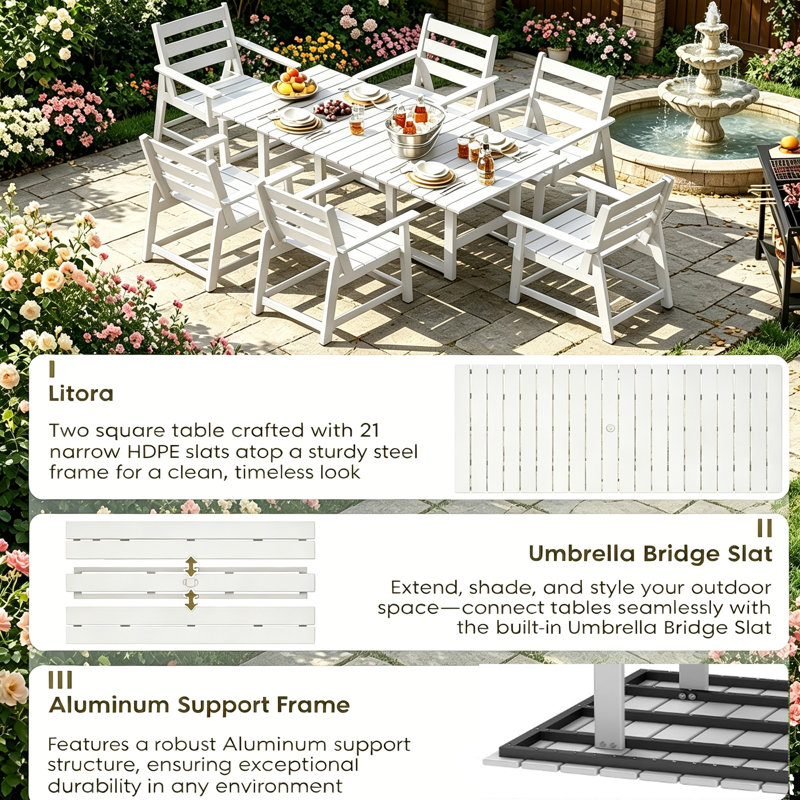 HDPE 2 Connectable Square Tables With Umbrella Hole Connectors, White
