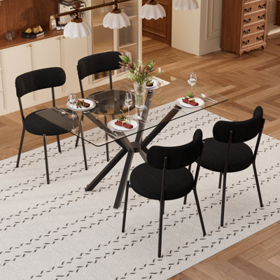Glass Dining Table Set with Teddy Fabric Chairs, Modern Waterproof & Adjustable for Kitchen Dining Room