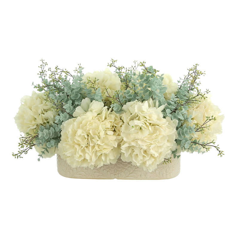 Hydrangea and Eucalyptus Arrangement in Cream Oblong Vase