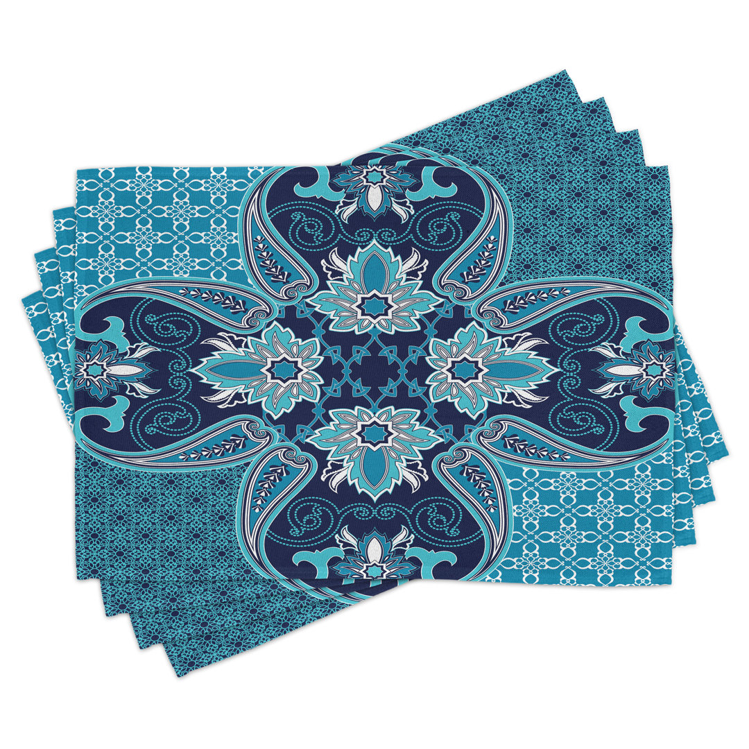 Platzdeckchen 4er Set, Floral Paisley Bohemic, Blau Marineblau und Weiß