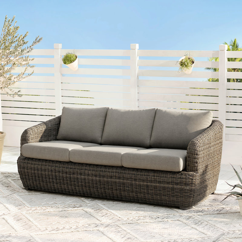 86.2’’ Wide Wicker 3-Seater Outdoor Patio Sofa With Cushions, Brownish Gray Cushion/Brownish Gray Frame
