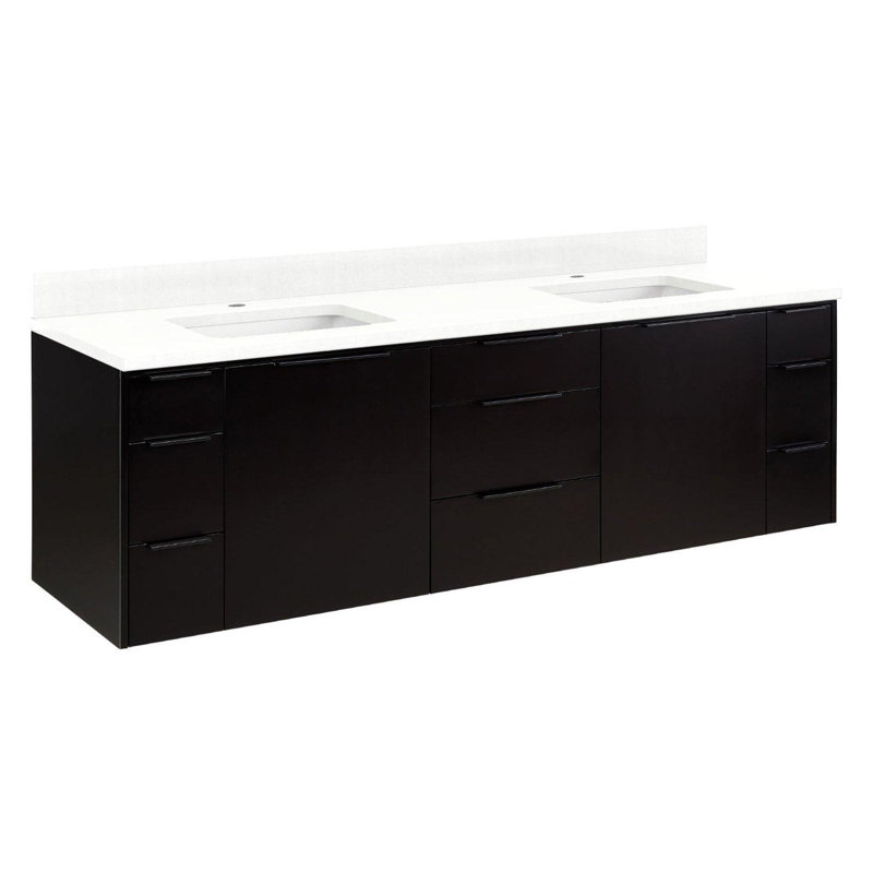 72" Dita Double Bathroom Vanity Set with Rectangular Undermount Sinks, Black, Feathered White Quartz, Single-Hole