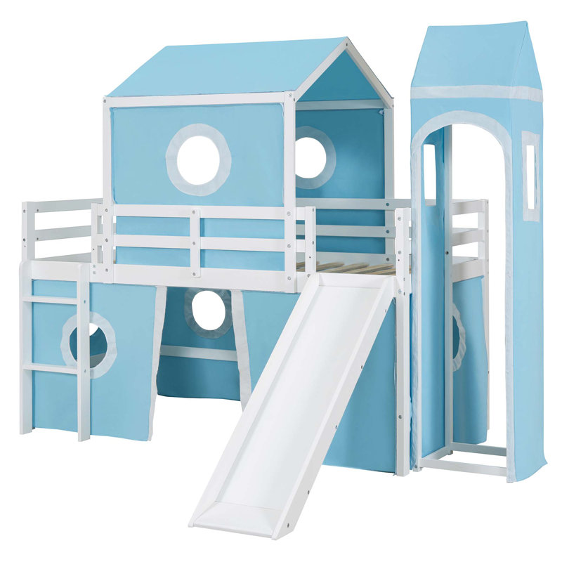 Lit mezzanine avec glissade et tour, Bleu, Simple