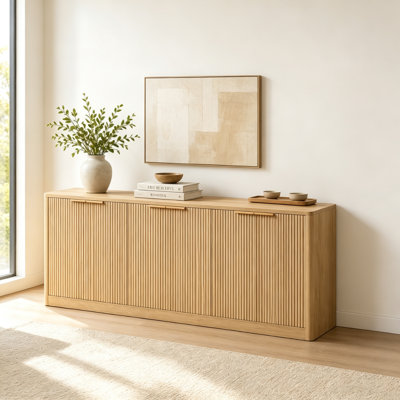 Natural Wood Sideboard Cabinet Farmhouse Buffet Cabinet with Slatted Doors & Adjustable Shelf, Wood Coffee Bar Storage Station for Kitchen, Dining Room, Living Room, Entryway