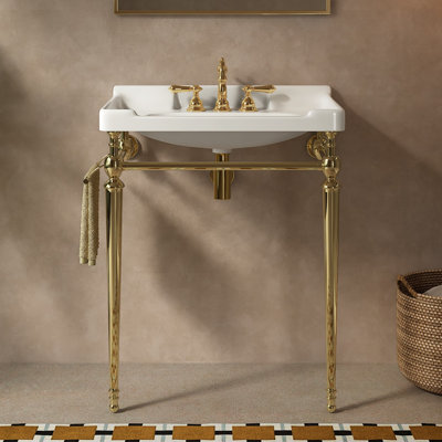 Vici Bathroom Console Sink, Wall-mounted White Ceramic Vanity Basin With 3 Pre-drilled Faucet Holes, Freestanding Stainless Steel Support Legs With Towel Bar, No Faucet