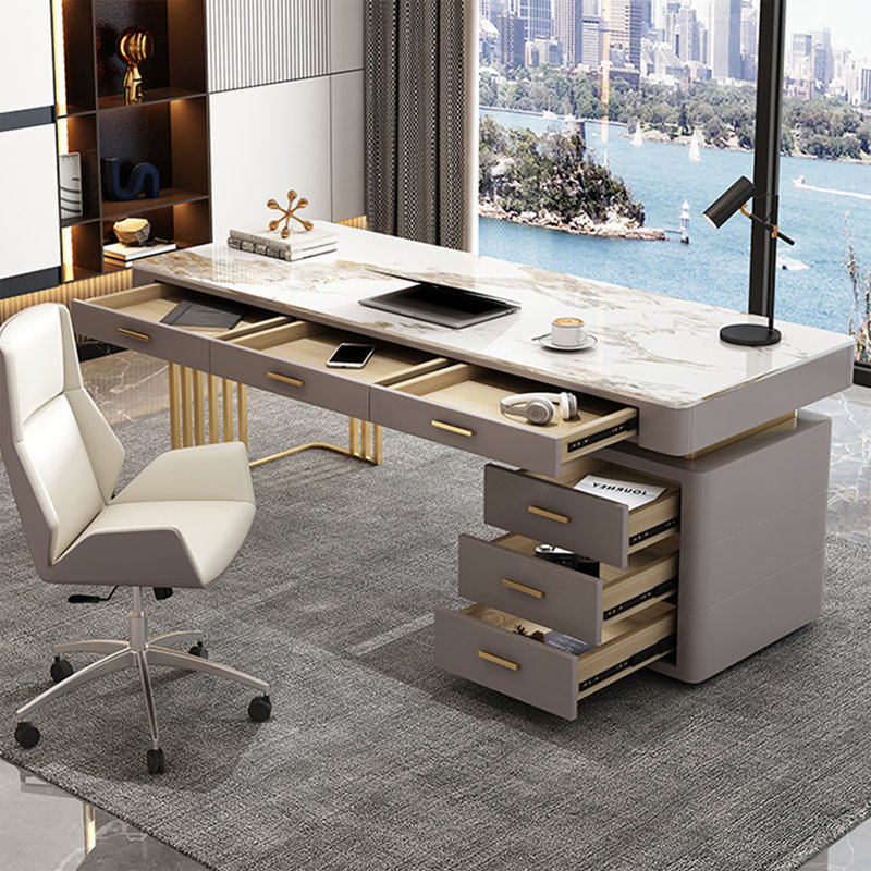 Bureau double caisson en pierre frittée avec tiroirs, Retour à droite, H 29,53 po x l 62,99 po x P 27,56 po