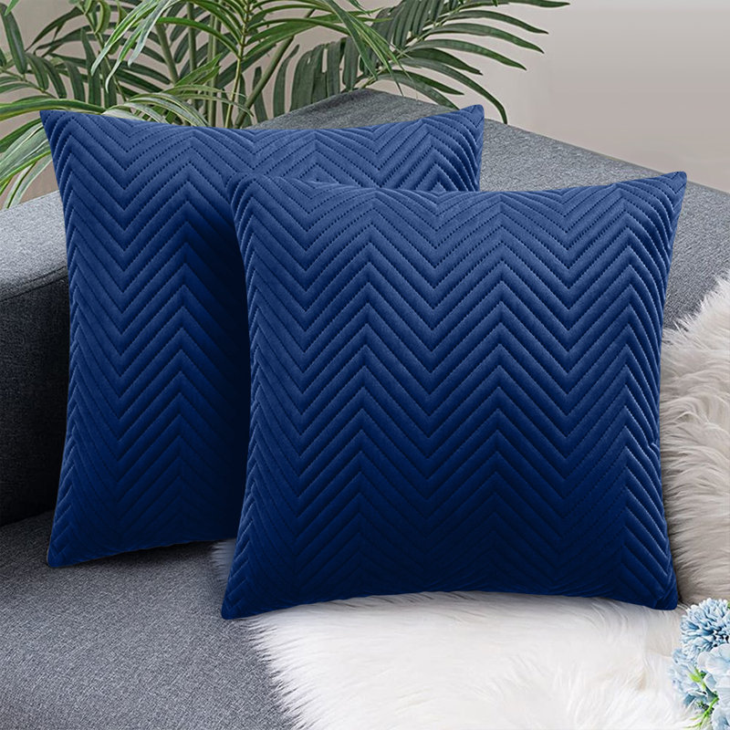 Square Throw Luxury Embossed Pattern Velvet Cushions Protector Set Of 2, Navy