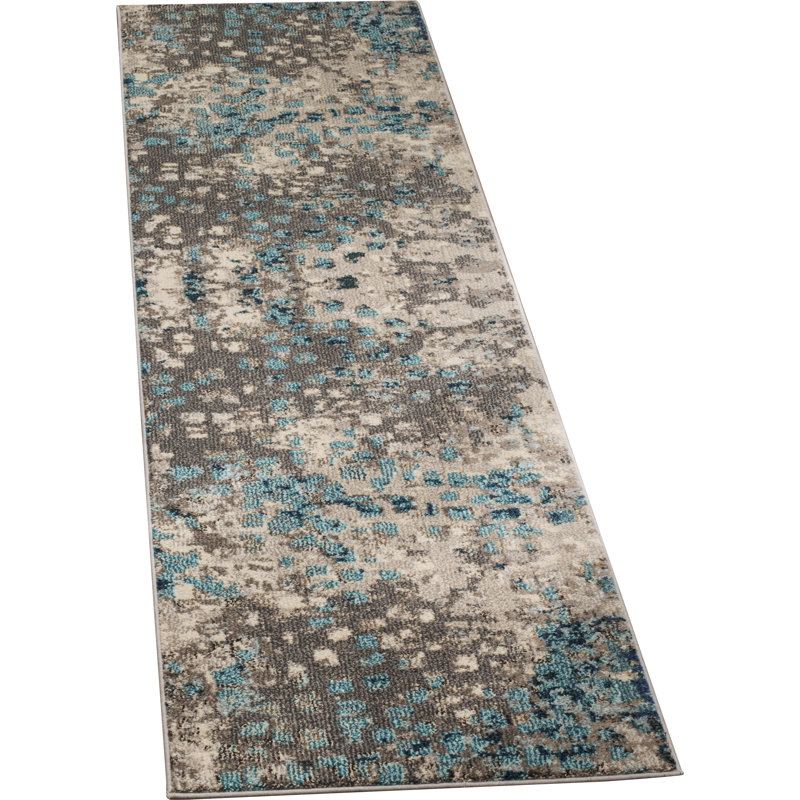 Tapis abstrait Hertzler, Tapis de couloir 2 pi 2 po x 6 pi, Grey/Light Blue