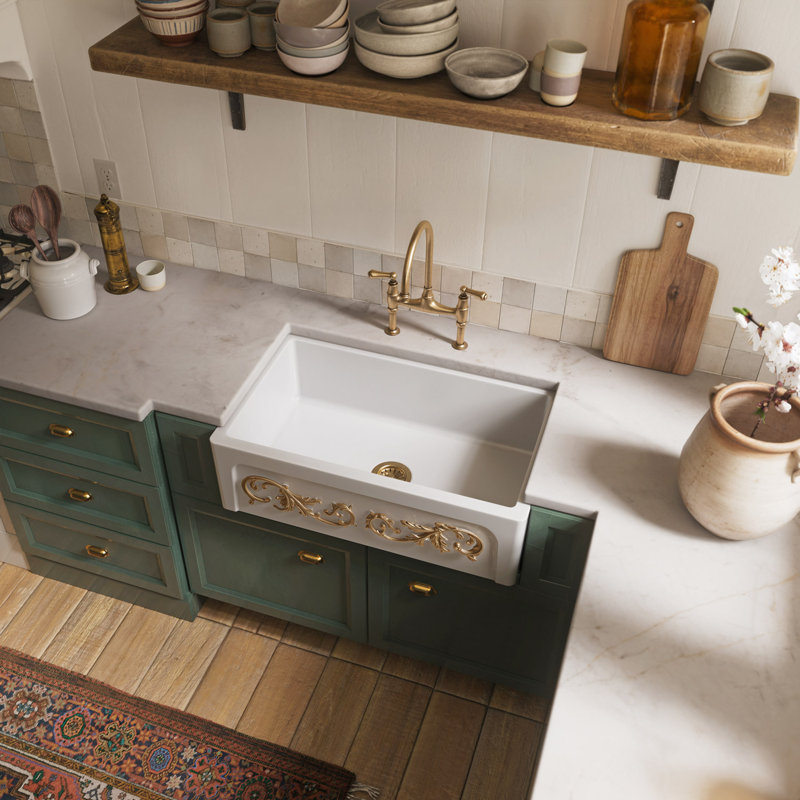 Whitehaus 33” Reversible Single Bowl Fireclay Kitchen Sink: Roman Vine, Beveled Front Apron, White/Gold