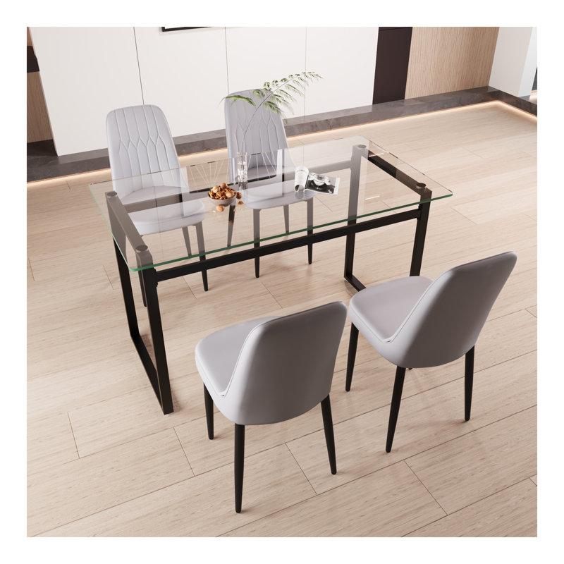 Ensemble de table de salle à manger de 51 po en verre pour personne, ensemble de cuisine avec table et chaises en métal, plateau de table rectangulaire moderne en verre trempé et chaise de salle à manger rembourrée en polyuréthane épais
