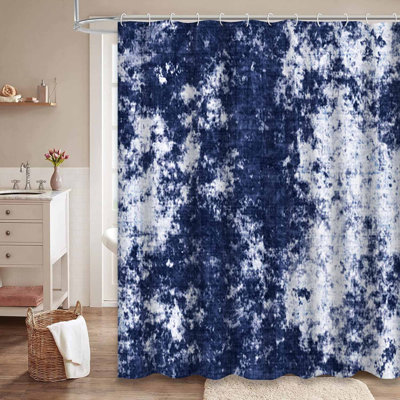 Tie Washed Seamless Distressed Navy Shower Curtain with 12 Hooks