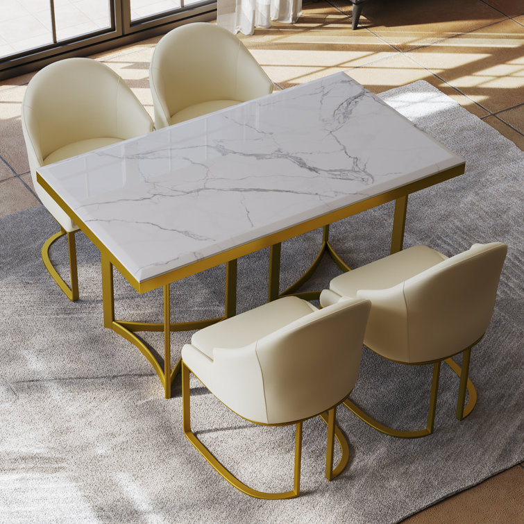 Markhi Modern White Faux Marble Dining Table with Double Pedestals Base Pre-Assembly