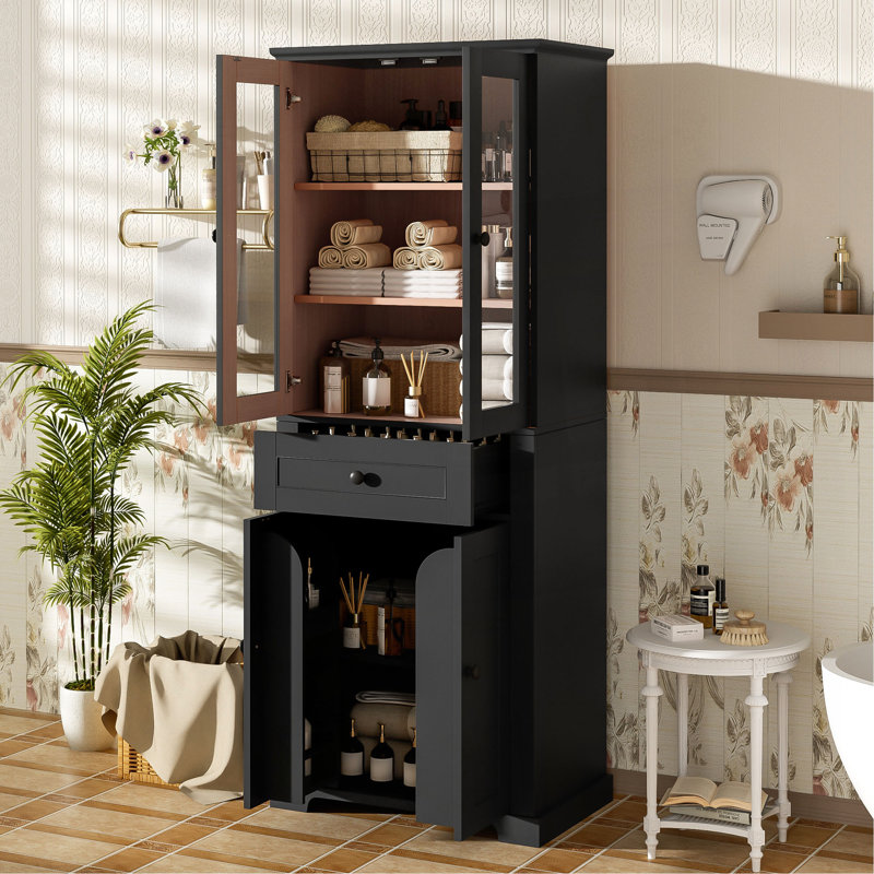 67.2" Tall Bathroom Storage Cabinet With Tempered Glass Doors, Adjustable Shelves & Drawer – Modern Freestanding Linen Tower, Soft-Close Design