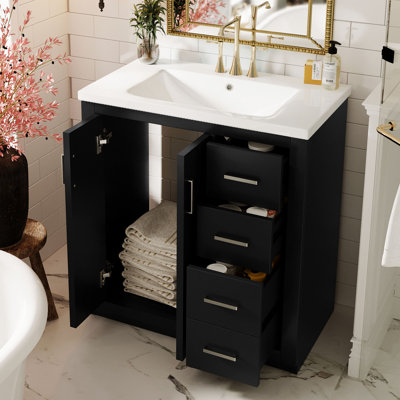 30'' Bathroom Vanity with Ceramic Sink, Solid Wood Frame, 3 Drawers & Soft Closing Doors